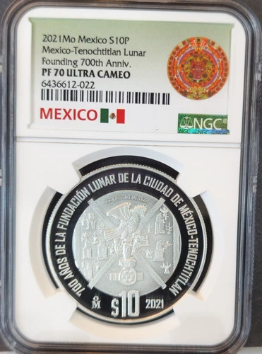 2021 MEXICO SILVER 10 PESOS TENOCHTITLAN LUNAR FOUNDING NGC PF 70 ULTRA CAMEO