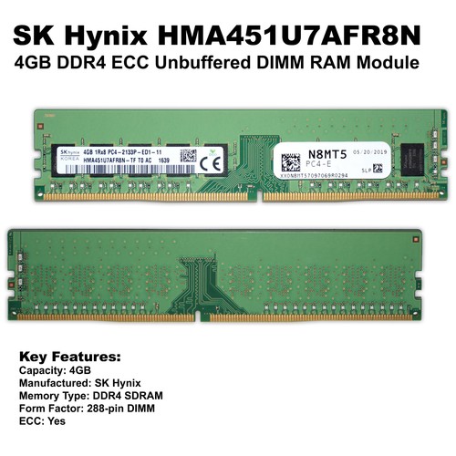 Dell SK Hynix HMA451U7AFR8N-TF 4GB DDR4-2133 ECC UDIMM PC4-17000P Server RAM - Picture 2 of 6