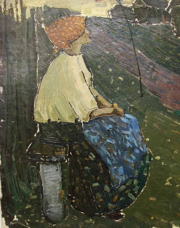 Pintura al óleo soviética URSS impresionismo figura mujer rural aldeana Foto 2 de 4