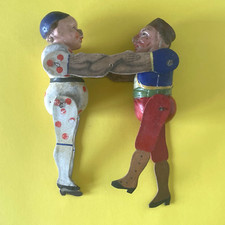 JOUET ANCIEN  - 2 CLOWNS ARTICULES PAPIER MACHE ET BOIS - ALLEMAGNE FIN 19EME