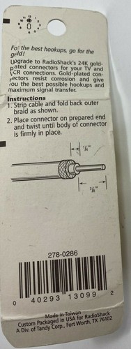 Twist-On TV Coax F-Connectors 10 Pack Gold Plated RadioShack 278-286 NIP - Zdjęcie 2 z 2