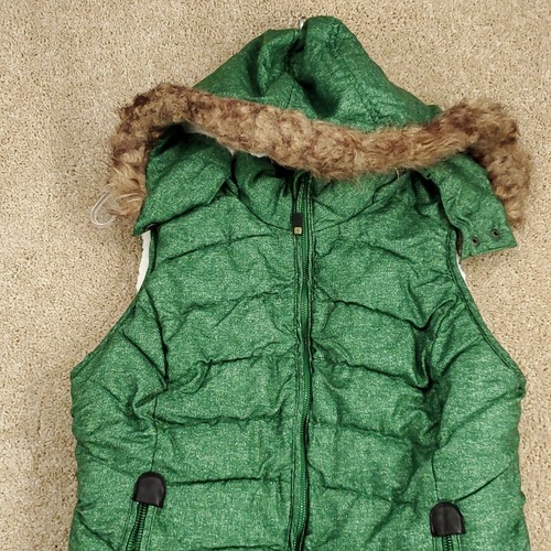 Green Tea Womens M Green Hooded Full Zip Super Soft Fleece Lining Faux Fur Vest - Picture 2 of 11