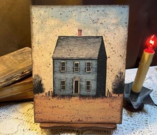 Saltbox House, Blue, Folk Art, Primitive Handcrafted Plaque / Sign