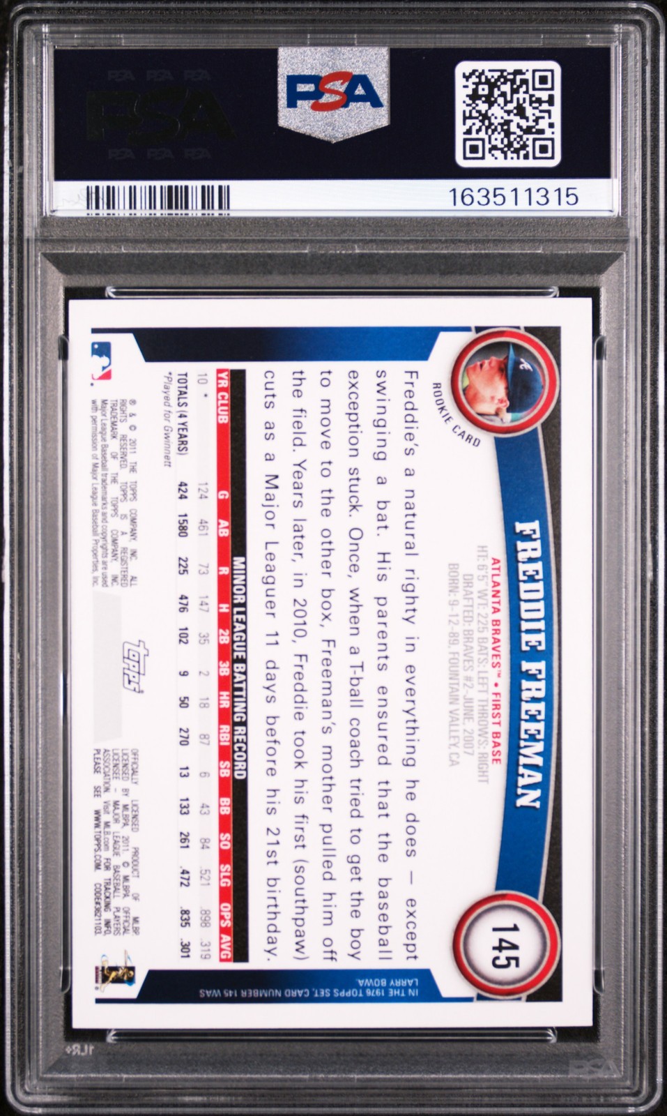 2011 TOPPS DIAMOND ANNIVERSARY #145 FREDDIE FREEMAN ROOKIE RC PSA 10 view 2