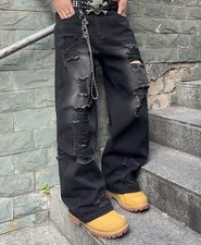 Men's Y2K Baggy Ripped Jeans Black Distressed Wide Leg Loose Fit Hip Hop Denim