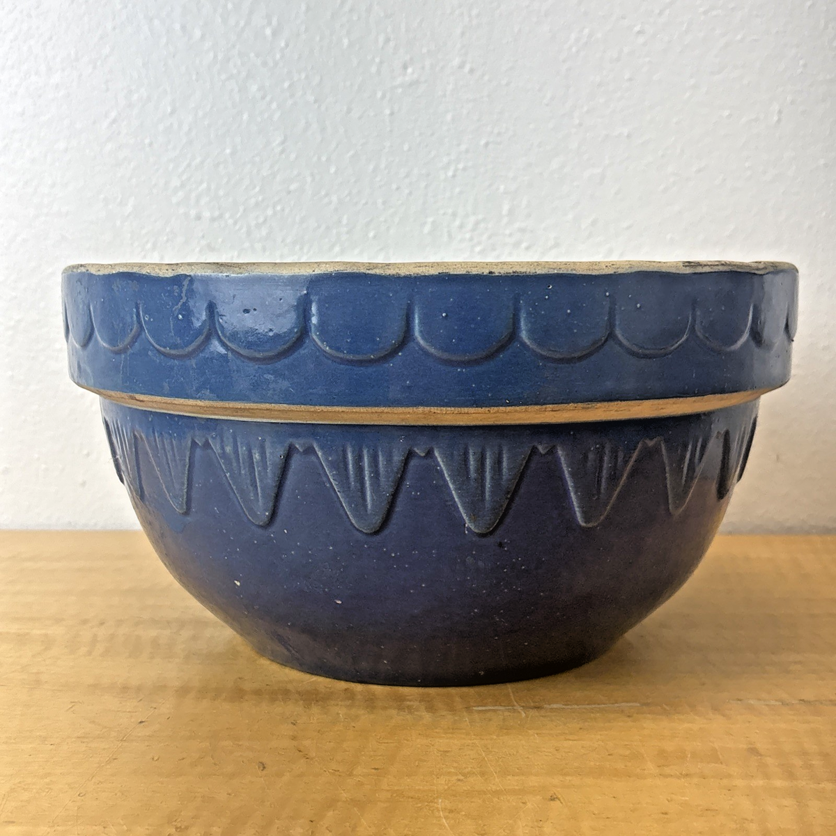 CFCL 完売PORCELAIN POTTERY BOWL LARGE Clay City Pottery Indiana Blue Bowl Scalloped Picket Fence Jumbo