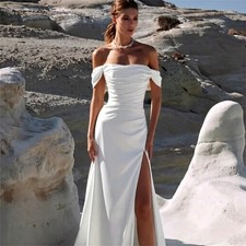 Off Shoulder Mermaid Wedding Dress Strapless Pleat Side Slit Backless Bride Gown