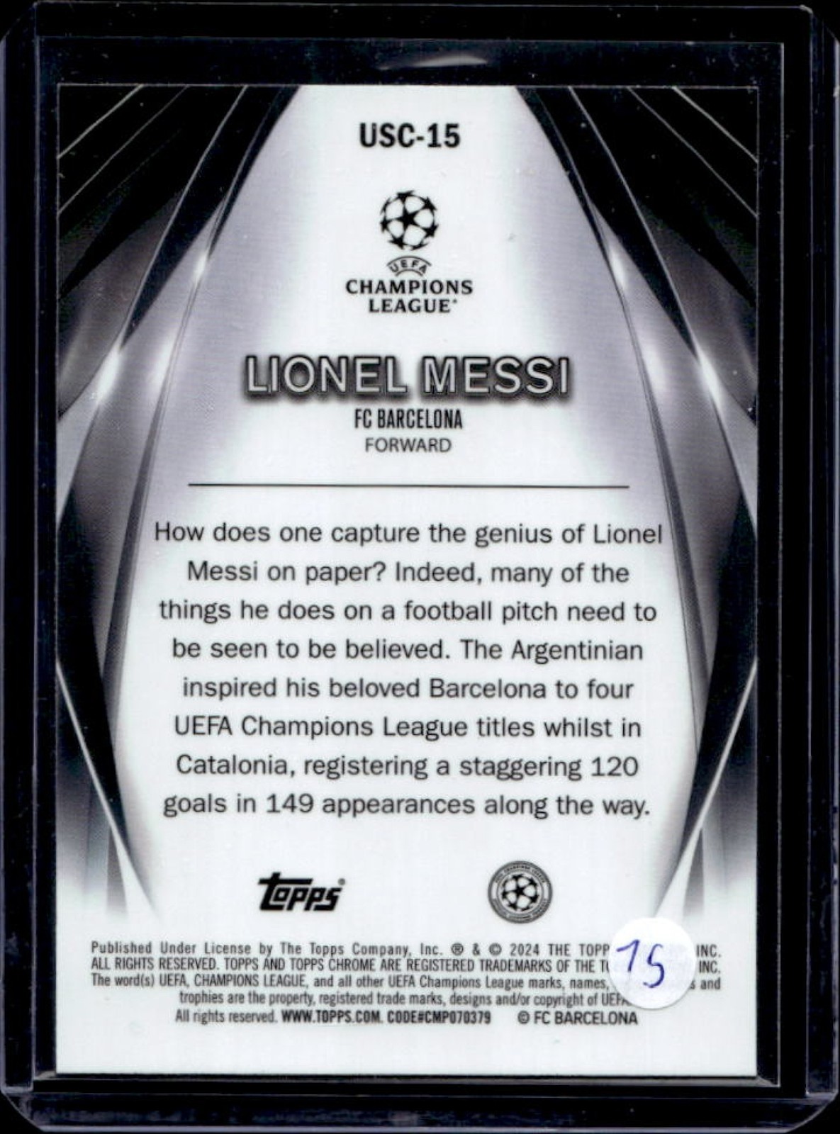 2023-24 Topps UEFA Lionel Messi Ultimate Stage Chrome #USC-15 Barcelona view 2