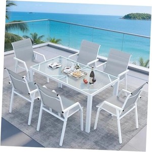Outdoor Dining Set for 6 Patio Furniture Set 7 Piece Table and Chairs White
