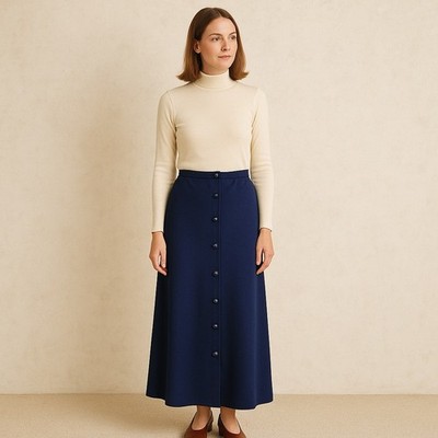 Vintage 70s 80s Ample Togs Navy Blue Maxi Skirt Button Front Elastic Waist Boho