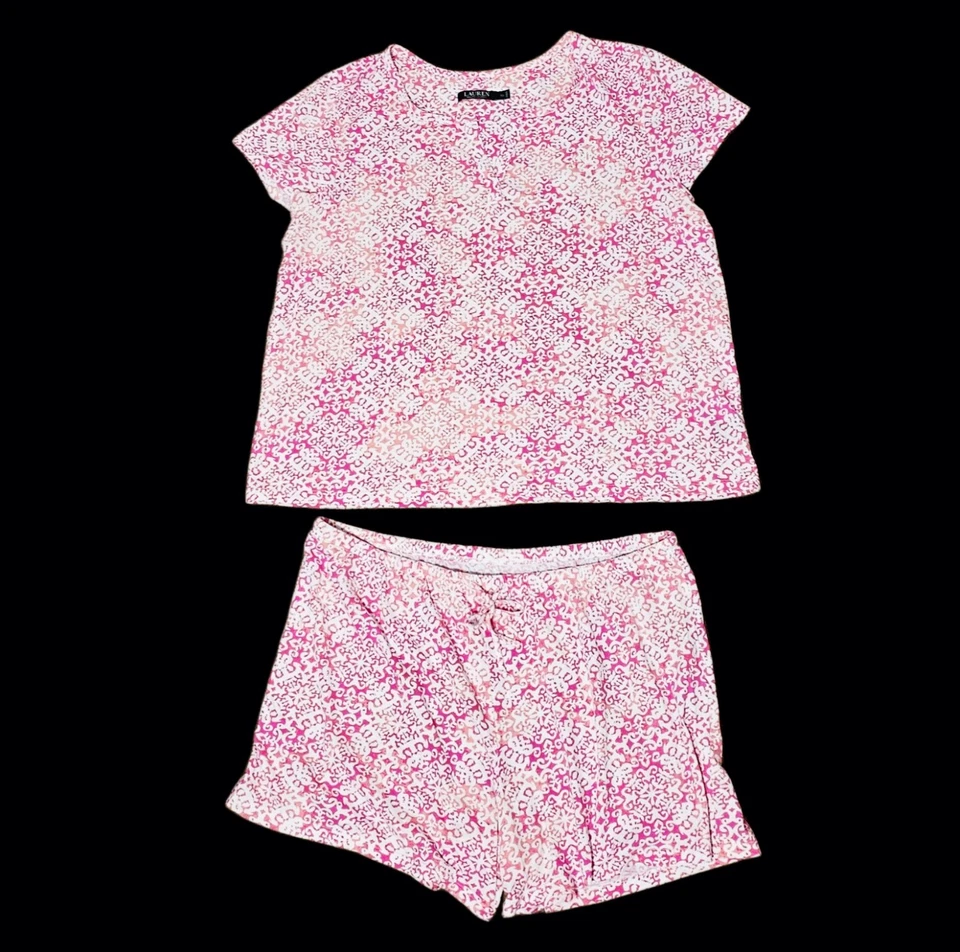 Conjunto de 2 pijamas cortos para mujer Lauren Ralph Lauren rosa flor de lis tejido XL Foto 2 de 4
