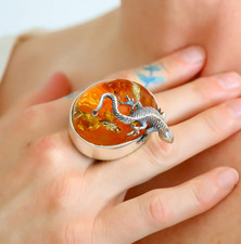 Baltic Amber Gecko Statement Ring in 925 Sterling Silver -Adjustable Size