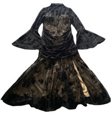 Womens S Whimsigoth Witchy Goth Vamp Black Floral Lace Velvet Mermaid Maxi Dress