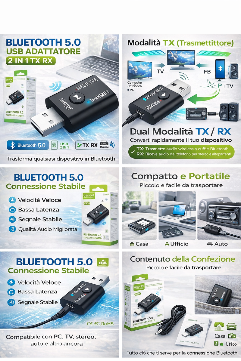 Adattatore Bluetooth 5.0 2-in-1 (Trasmettitore E Ricevitore) | KN321 | Per Trasmettere Musica Dall'Auto, TV, PC A Cuffie O Diffusori Wireless