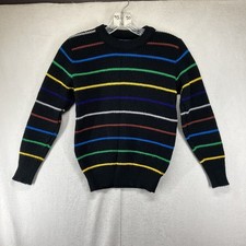 Vintage 80s Boys Sweater Medium 10-12 Acrylic USA Made Black Colorful Stripes