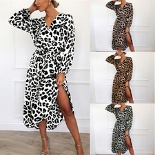 Sexy Women V Neck Long Sleeve Asymmetrical High Waist Leopard Printed Dresses