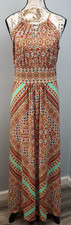 London Times Maxi Dress Womens 12 Multi Patterned Sleeveless Pleated Halter Neck