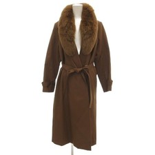 REAL FUR COLLAR COAT LONG JACKET BROWN WITH BELT SIZE M FROM JAPAN