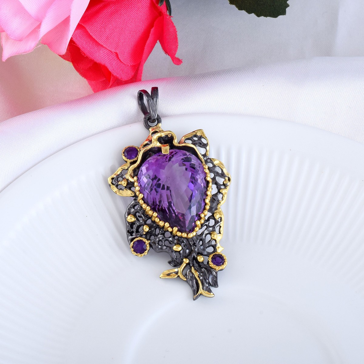 Pendant February Amethyst Silver Birthstone Necklace Oval 925 Vintage  Sterling