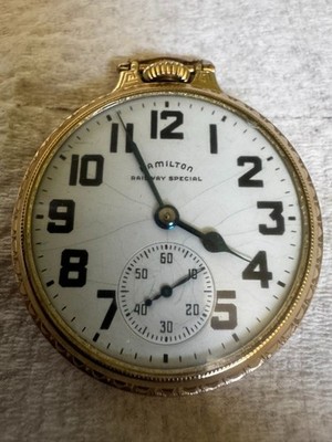 1947 Hamilton Railway Special 992B Bar Over Crown 21j 6 Pos. 10K GF Pocket Watch