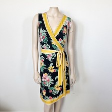 Cheztu Size 18 Navy Blue Yellow Tropical Floral Print Sleeveless Wrap Dress