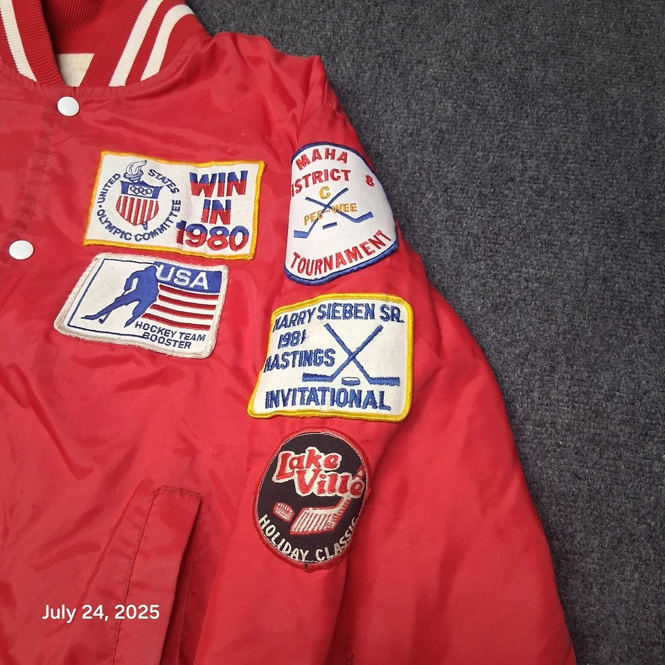 Chaqueta Bomber Vintage Años 70 80 Minnesota Amateur Hockey Satinado Roja Talla Mediana Foto 3 de 4