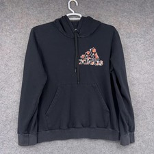 Adidas Hoodie Womens XL Black Floral Logo Fleece Pullover Graphic Sweatshirt