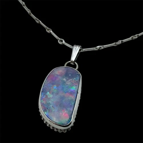 Vintage Natural Australian Black Opal Pendant Sterling Silver With 19in Chain