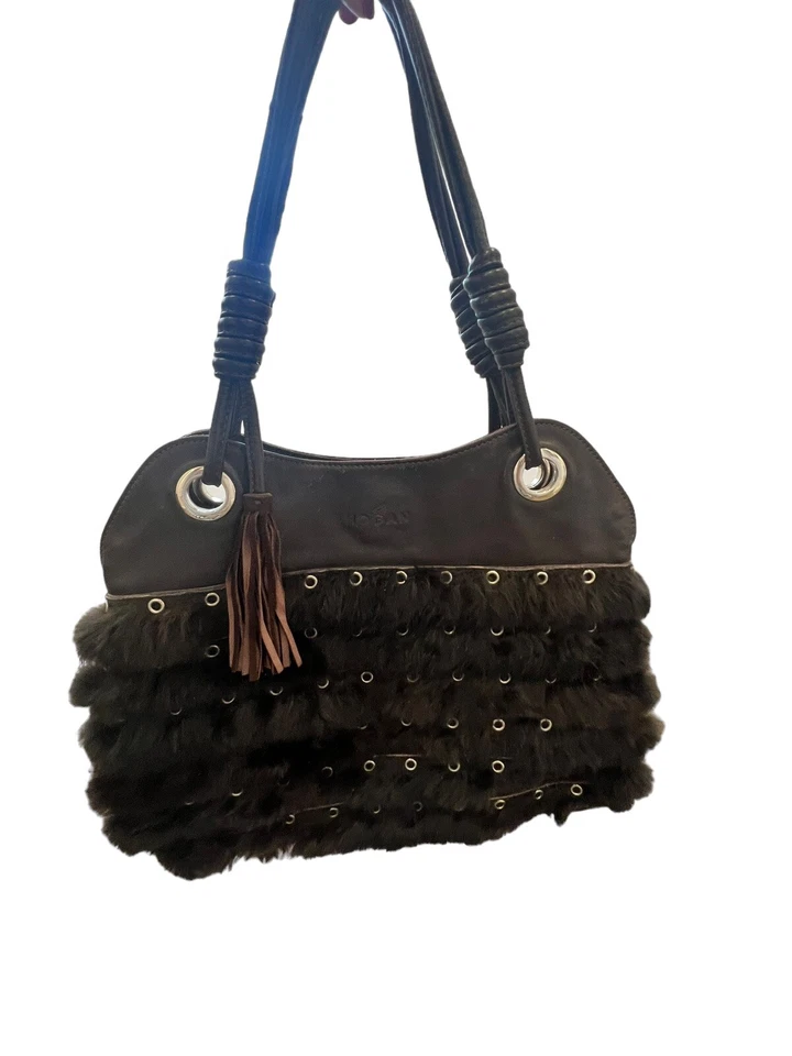 HOGAN BY TOD'S ITALY BROWN LEATHER SUEDE FUR GROMMET SHOULDER TOTE BAG HANDBAG - Image 4 of 4