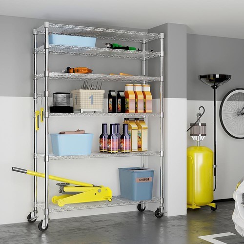 Adjustable Storage Shelves 6 Tier Wire Shelving Unit Garage Rack with Wheel - Picture 9 of 13