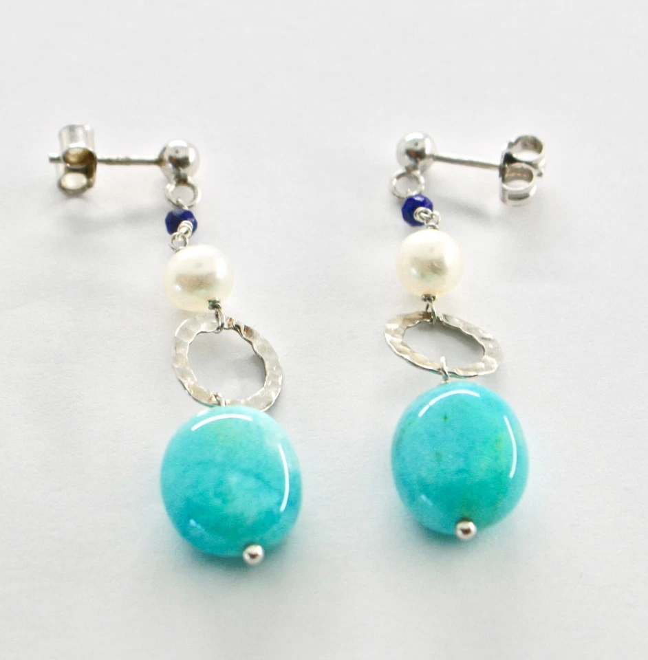 orecchini in argento 925 con amazzonite, perle di acqua dolce e lapislazzuli - Immagine 2 di 2