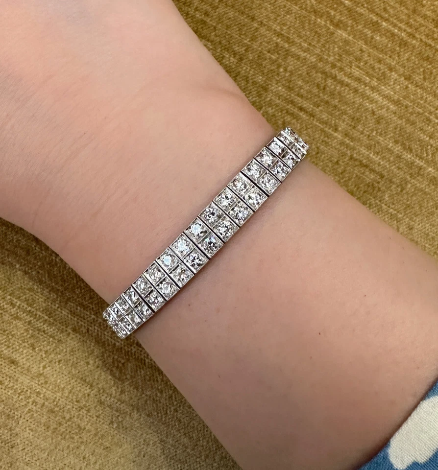 Antiguo brazalete de tenis de diamantes de dos filas con cortes en euros 7 quilates TW en platino - HM2490IA