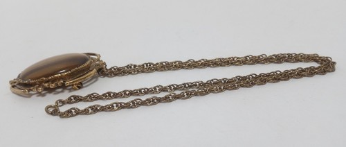 Vintage Antiqued Gold Tone Tiger's Eye Pendant Brooch Rope Chain 24" Victorian - Picture 3 of 12