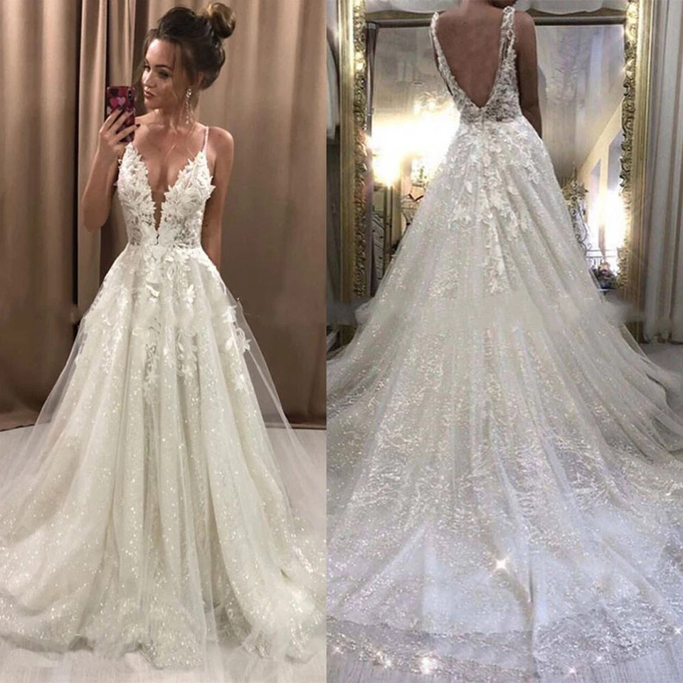 Boho White Wedding Dresses Spaghetti Straps V-Neck Lace Appliques Bridal Gowns - Image 4 of 4