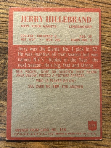 1965 PCGC SPCE Football #117 Jerry Hillebrand New York GIants - Bild 2 von 2