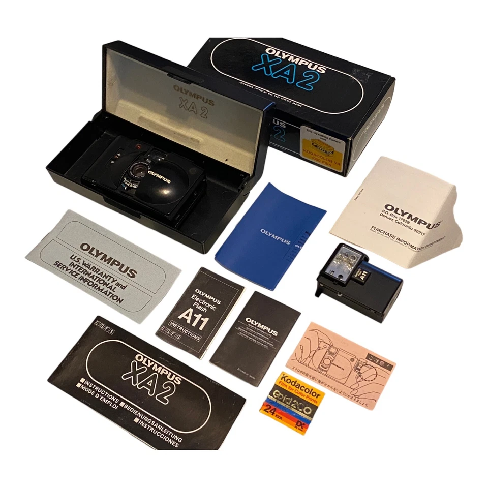 Olympus XA2 35mm Rangefinder Film Camera with A11 Flash Box Paperwork Untested - Image 3 of 4