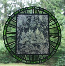 Bleiverglasung mit Jagd Szene Fenster Bild Glasmalerei Jäger Motiv Hund Rehbock