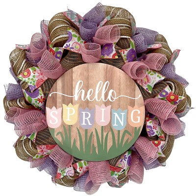 Hello Spring Tulips Burlap Wreath Handmade Deco Mesh