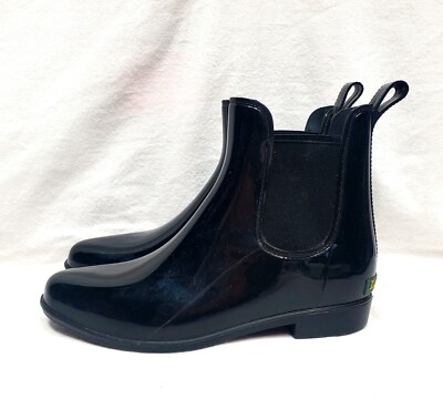 Women's Ralph Lauren Tally Bo Black Shiny Rubber Ankle Rain Boots Black Size 10