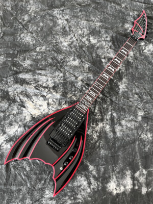 Custom Special Shape Electric Guitar Red Stripes Bat FR Bridge Black 22 Fret