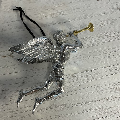 Metallic Shiny Silver Colored Angel With Golden Trumpet Horn Ornament Figurine - 第 1/13 張圖片