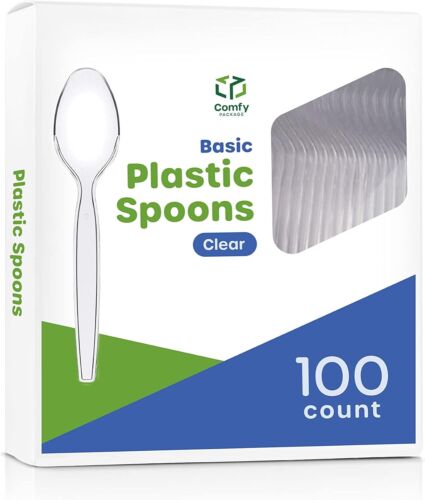 Comfy Package Heavy Duty Disposable Clear Plastic Spoons 100 count