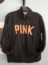 Victoria Secret PINK Full Zip Track Jacket Gray/Neon Orange Size Small Spell Out