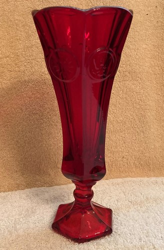 Vintage Fostoria Coin Red Glass Bud Vase 8 Inches Tall - Picture 4 of 8