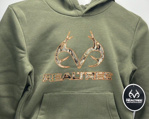 Boys Size M (10/12) REALTREE Hoodie Green With Orange Camo Logo Kangaroo Pocket - Picture 2 of 7