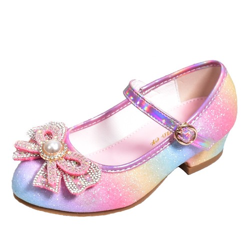 Kids Girls Party Wedding Mary Jane Rainbow Bow Sparkly Sandals Low Heel Shoes UK - Picture 15 of 23