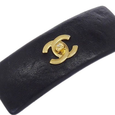 Chanel Hair Clip Barrette Turnlock CC Black Gold Leather Hair