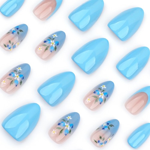 Spring Summer Blue Flower Acrylic Nail 24Pcs Short Almond Style False Nail - Picture 3 of 8