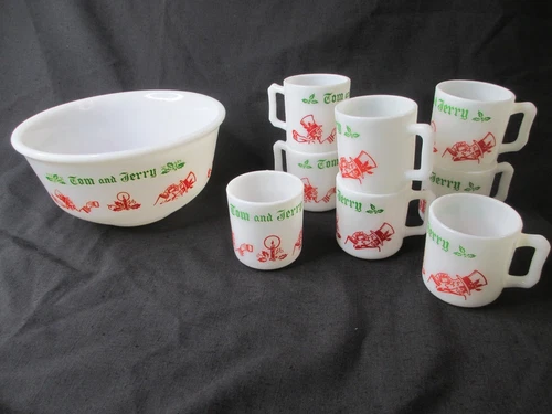 Vintage Hazel Atlas Tom And Jerry Milk Glass Eggnog Set With Bowl and 8 Cups