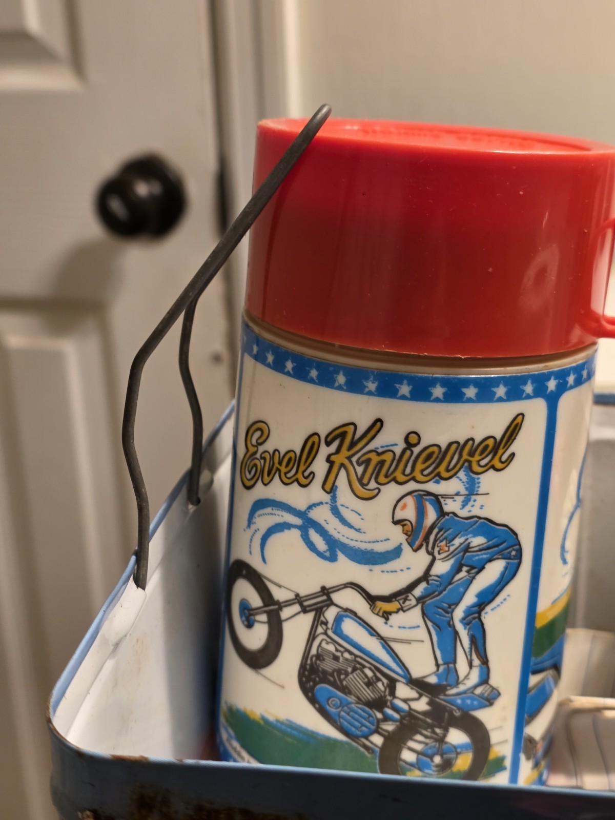 Evel Knievel Metal Lunchbox and Plastic Thermos Vintage 1970s Collectible Set